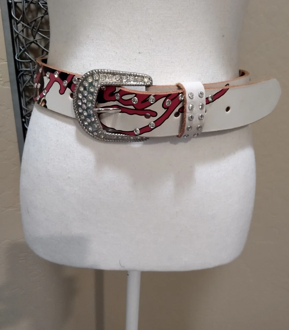 Ed Hardy TIGER Vintage White Belt with Pink Accents, Studs and Rhinestone Buckle
